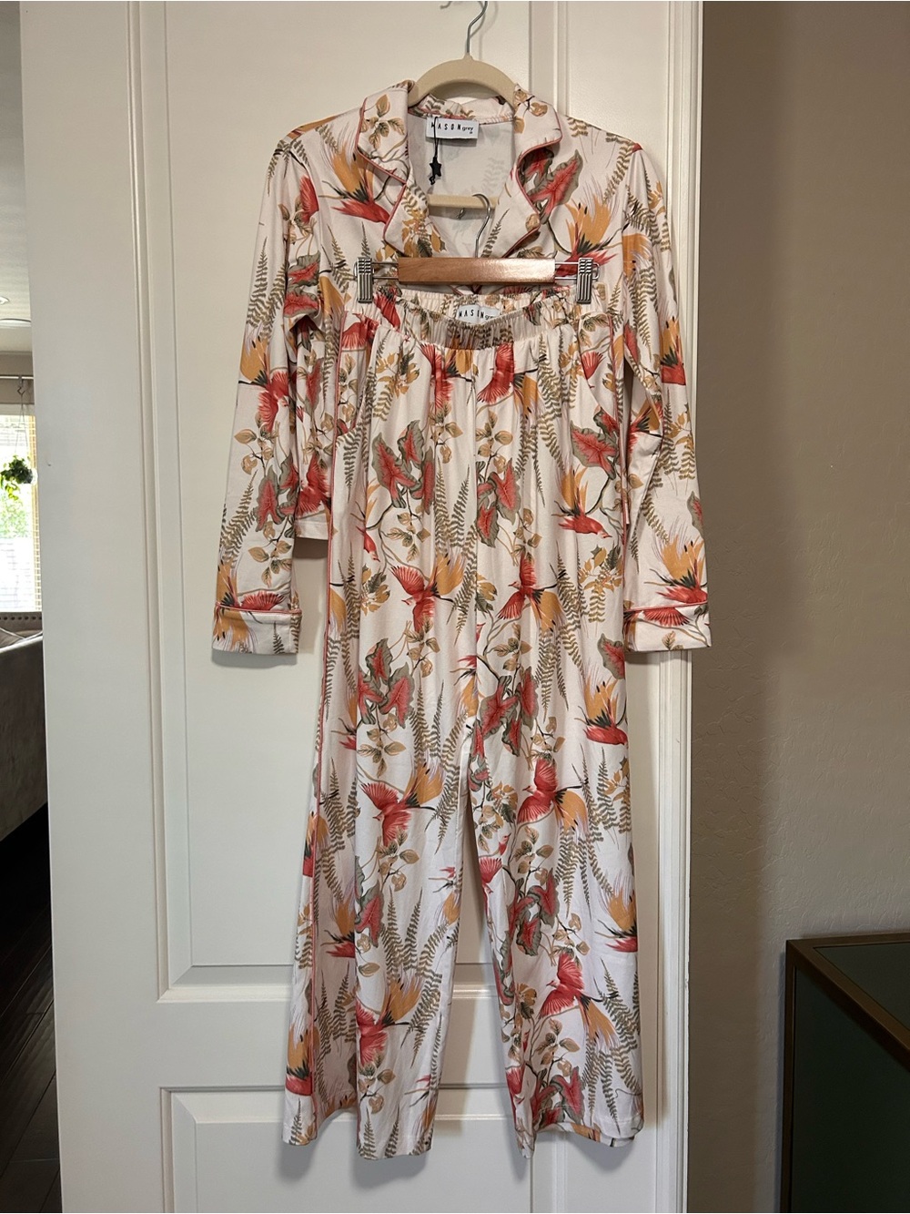 Floral Button-Front Pajama Set in Cream & Coral